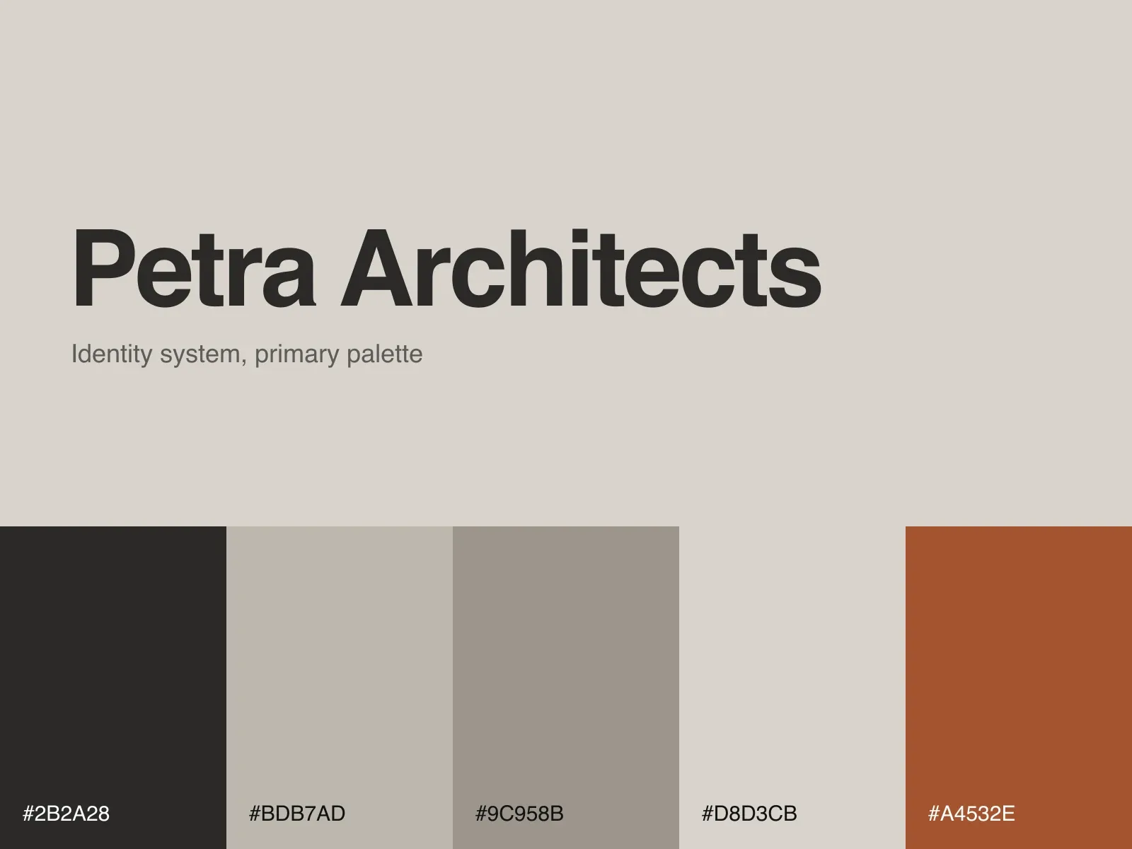 Petra Architects brand sheet: wordmark and primary palette