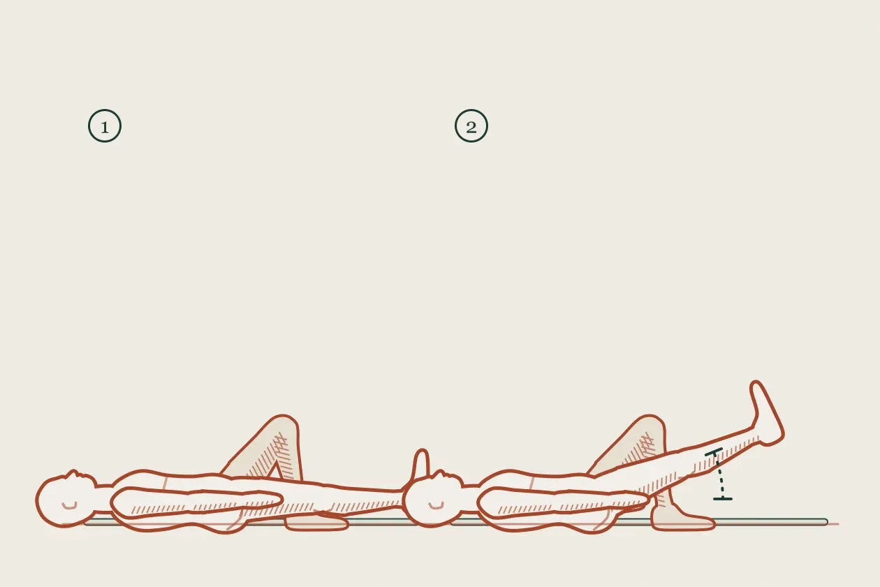 Exercise drawing in two steps: a figure lying with one knee bent, then lifting the straight leg