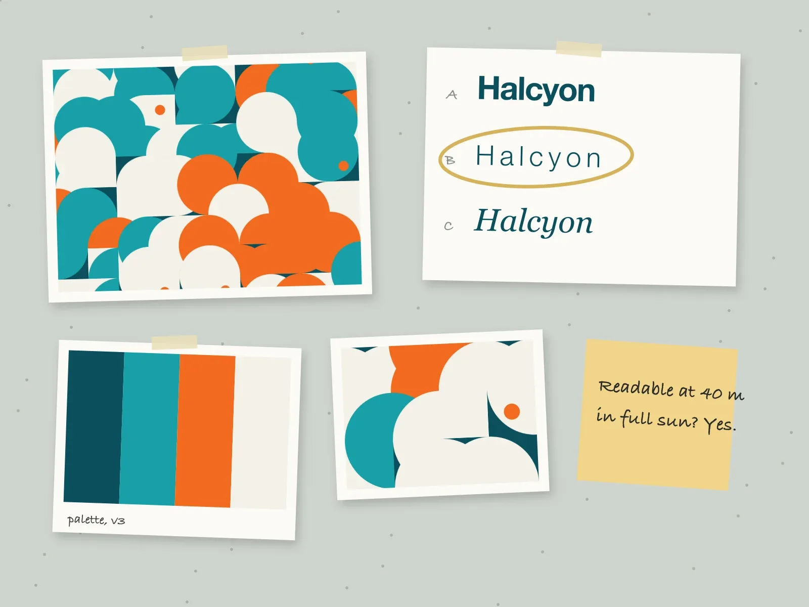 Halcyon Ferries work in progress: the pattern, three wordmark directions with one ringed in gold, the palette and a sticky note pinned to the studio wall