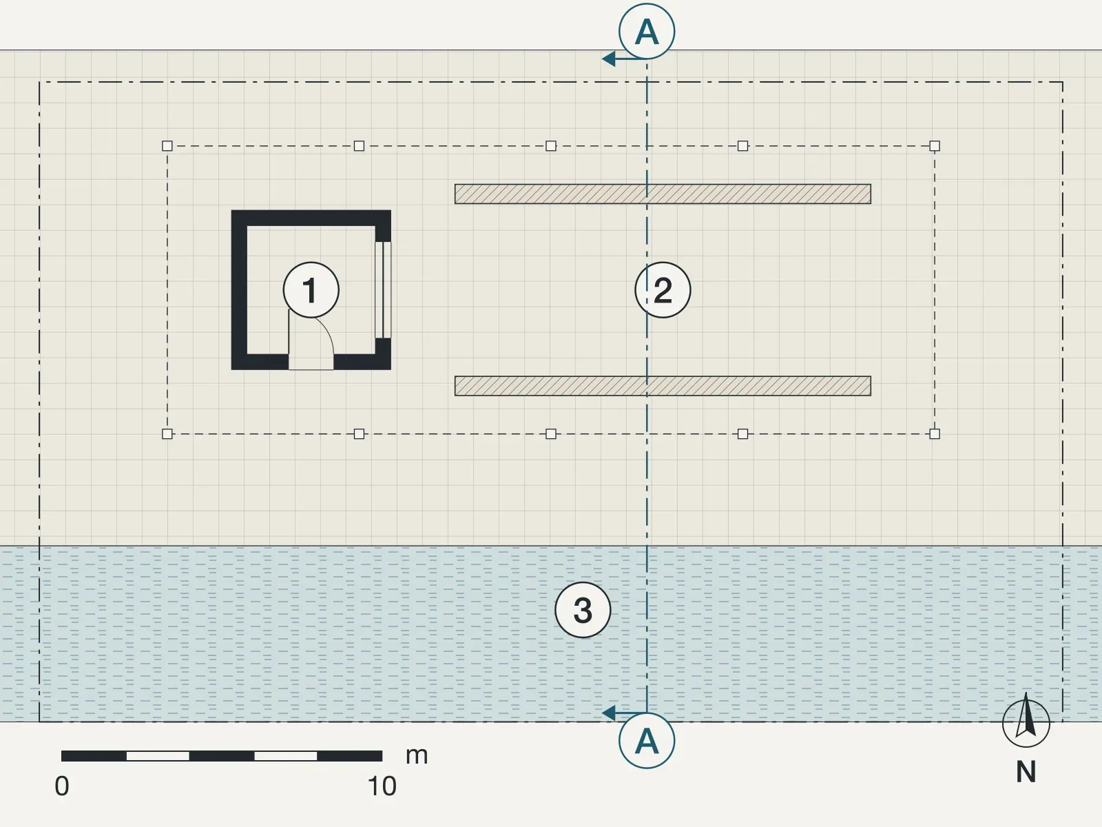Ground floor plan of Harbour pavilion, Chania, with numbered rooms and the line of section A
