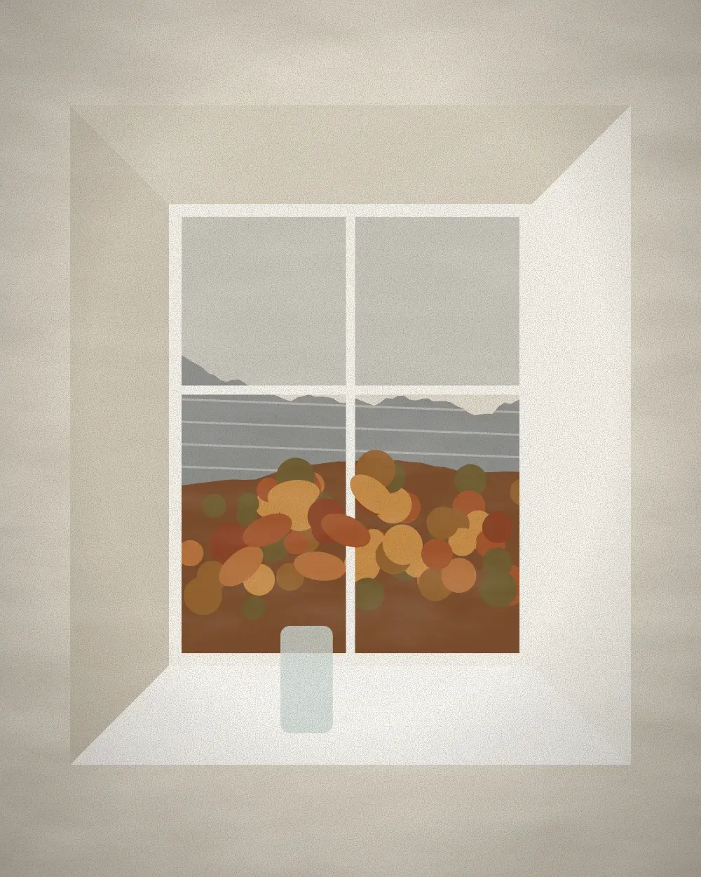 A deep window onto autumn woods and cliffs, beech leaves in a glass on the sill