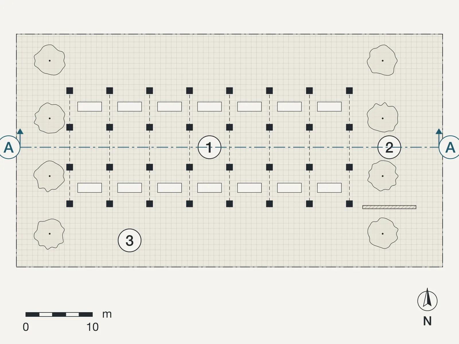 Ground floor plan of Market hall, Kissamos, with numbered rooms and the line of section A