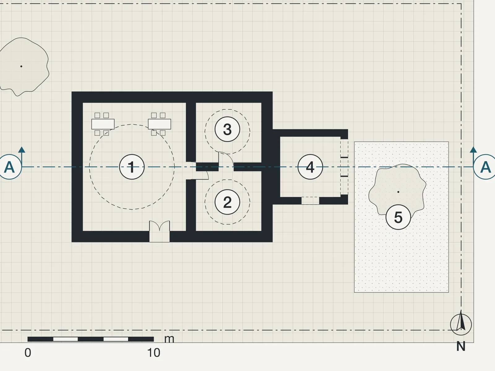 Ground floor plan of Reading room in the old baths, Rethymno, with numbered rooms and the line of section A