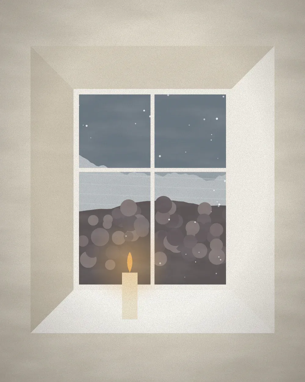Snow falling past a deep window, a lit candle on the sill