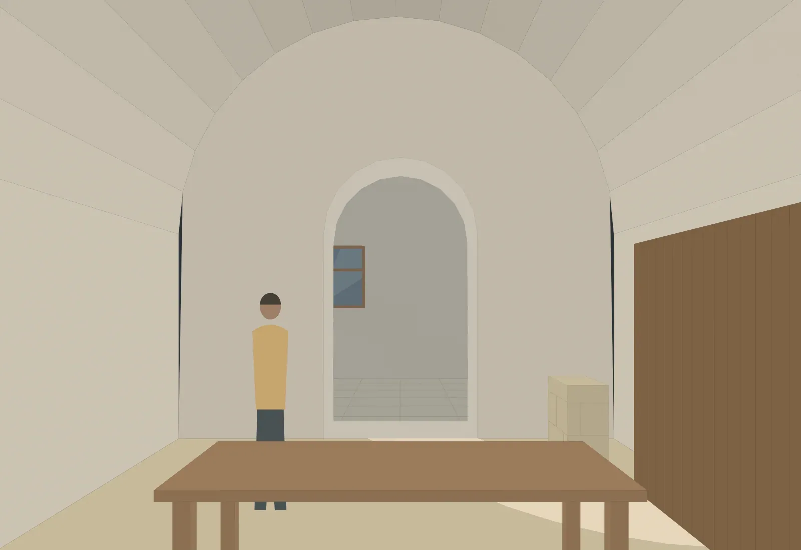 The workshop under the vaults, looking out to the street through the arched door.