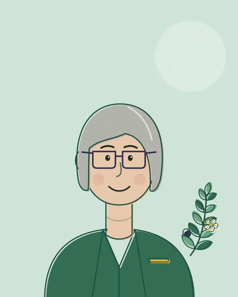 Drawn portrait of Dr Eleni Marinou, grey bob and glasses, green coat