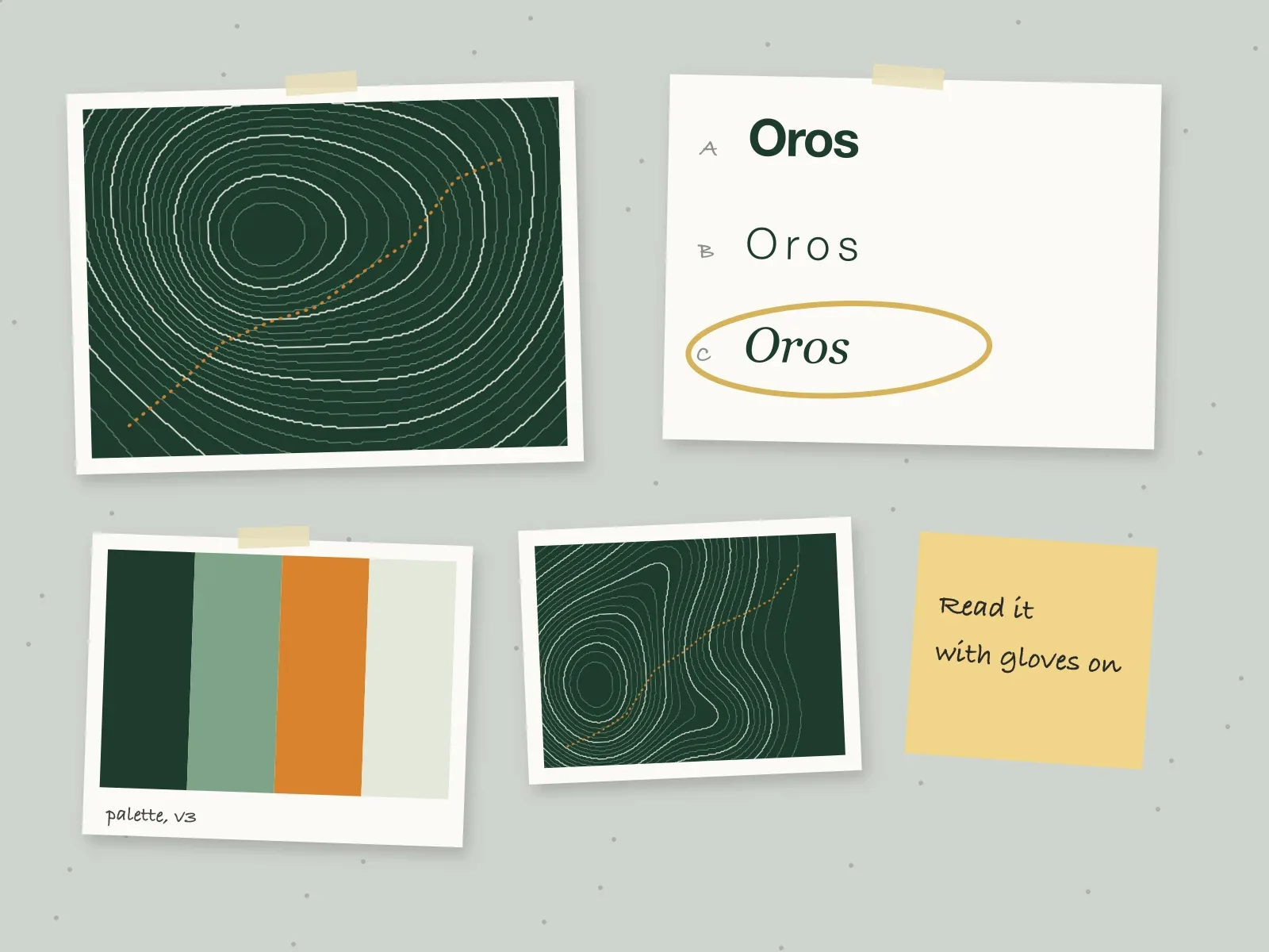 Oros Mountain School work in progress: the pattern, three wordmark directions with one ringed in gold, the palette and a sticky note pinned to the studio wall