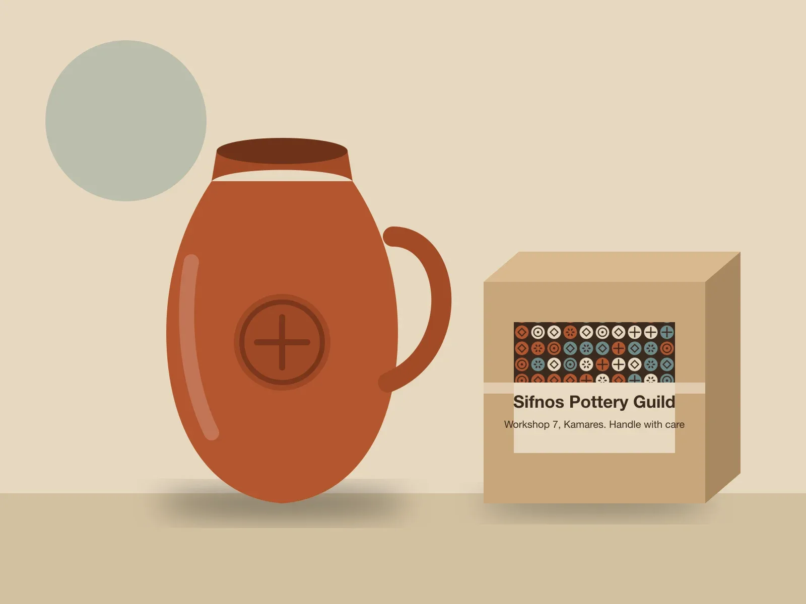 A terracotta jug with the guild stamp pressed into it, beside a shipping box with the stamp pattern label
