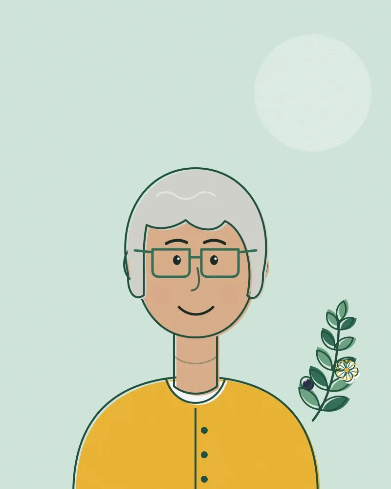 Drawn portrait of Sofia Papadopoulou, silver hair and glasses, yellow cardigan