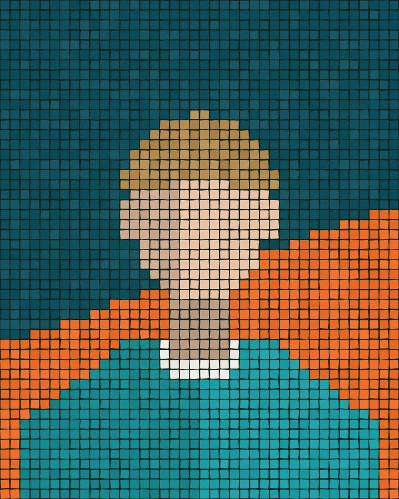 Mosaic portrait of Jonas Weller, design director, set in small square tiles
