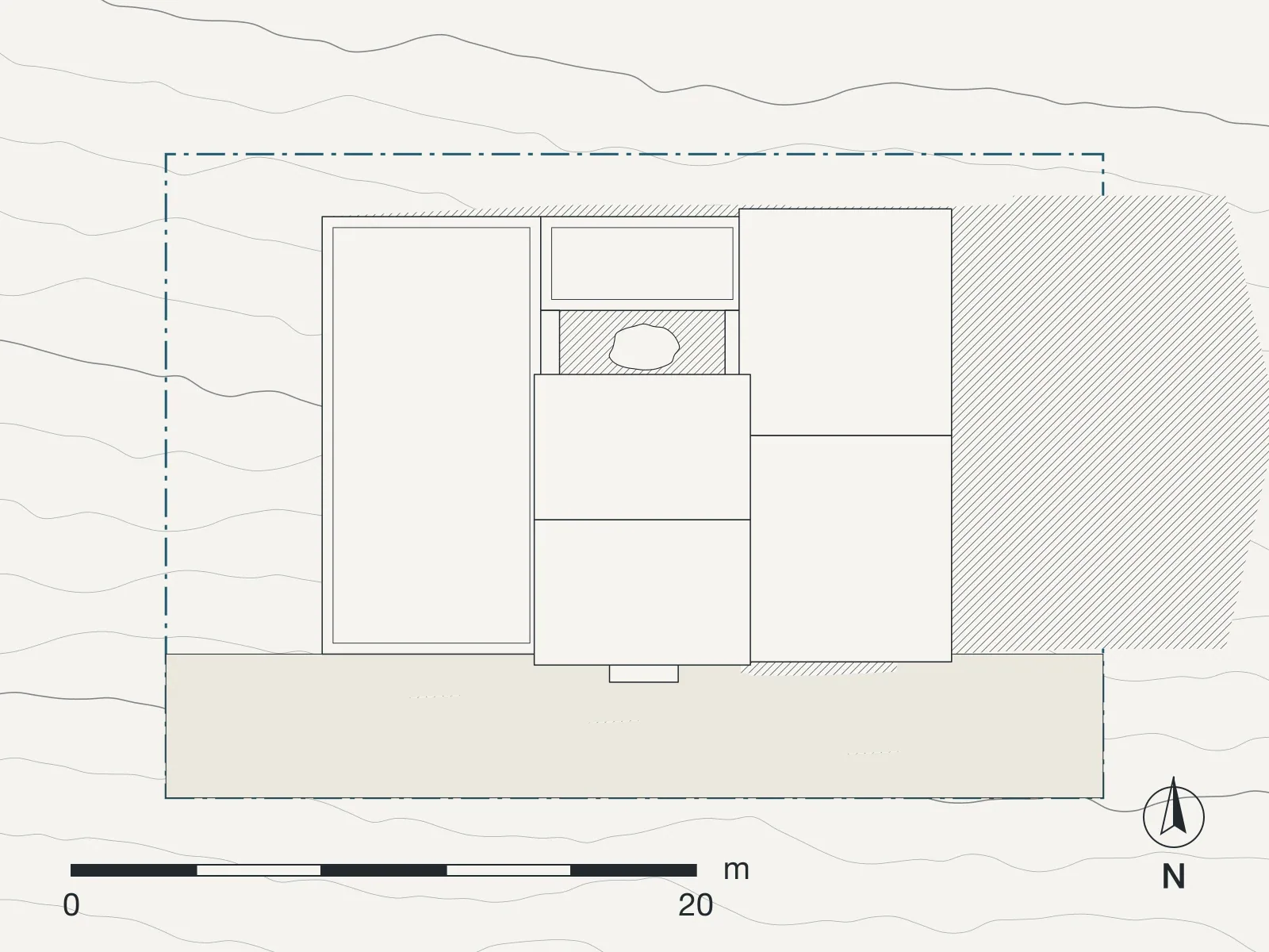 Site plan of House on Theotokopoulou Street: roofs, shadows, contours and the boundary