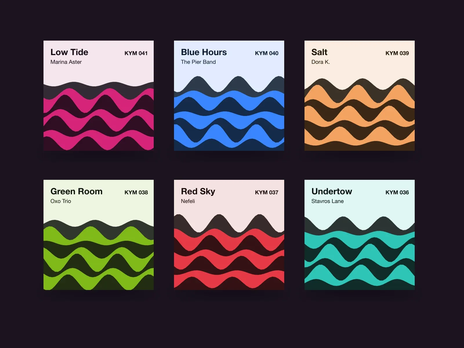 Six Kyma Records sleeves side by side, each with wave bands drawn from its own recording