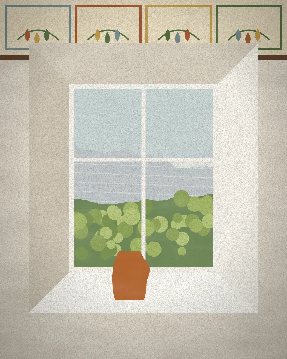 A deep window under a band of painted pears and garlands, spring mountains outside