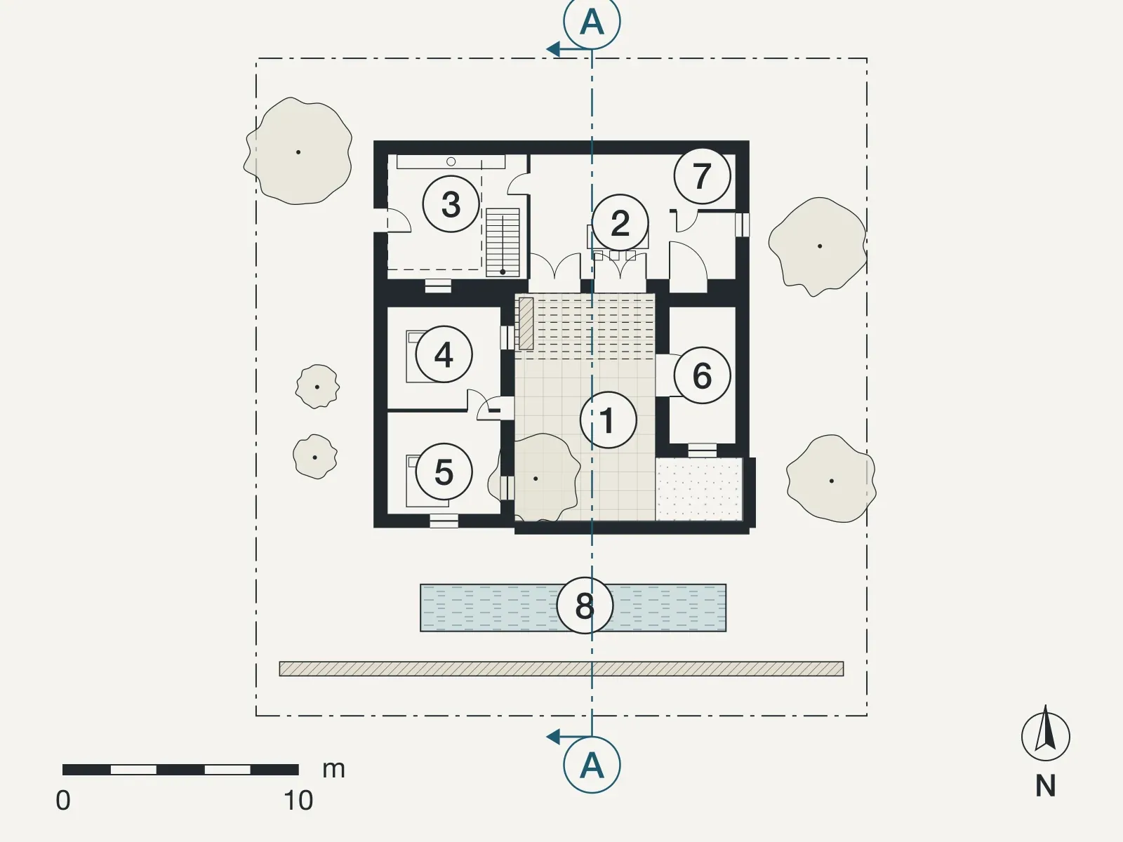Ground floor plan of House at Kalami, with numbered rooms and the line of section A
