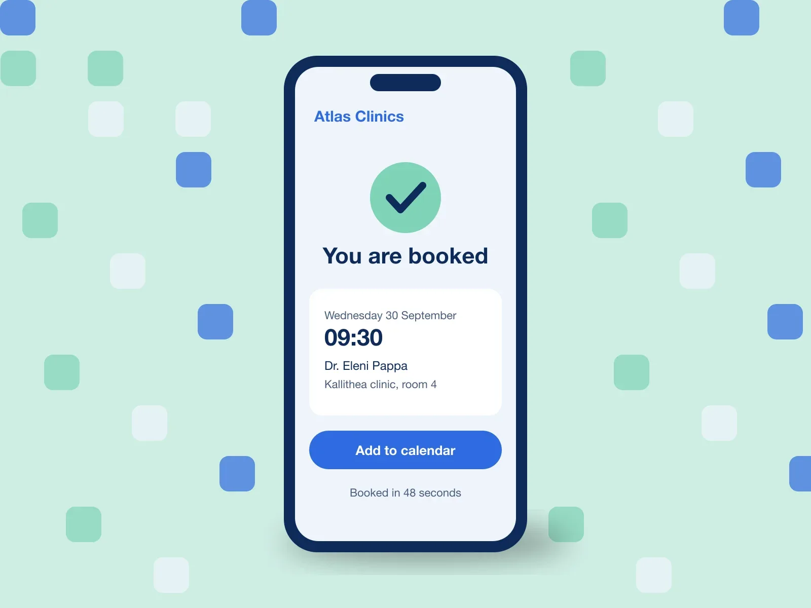The Atlas Clinics booking confirmation on a phone: booked for 09:30 on Wednesday