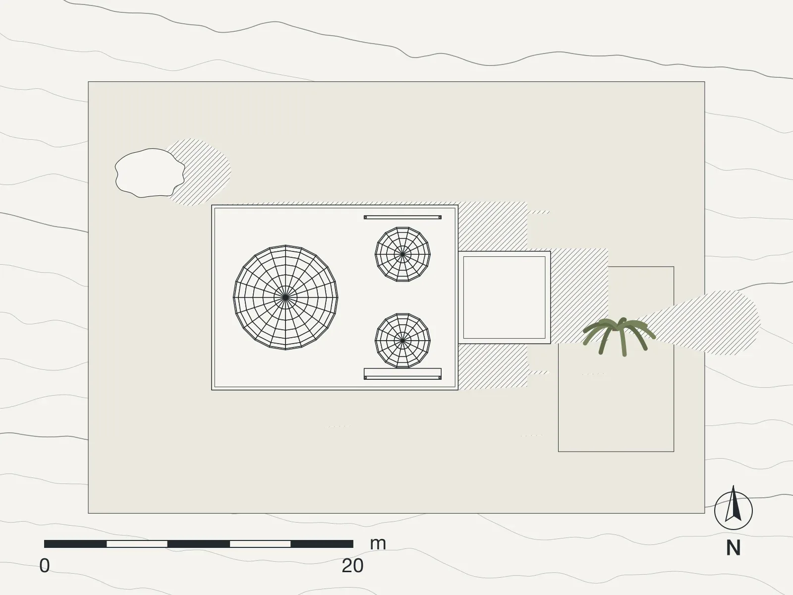 Site plan of Reading room in the old baths, Rethymno: roofs, shadows, contours and the boundary