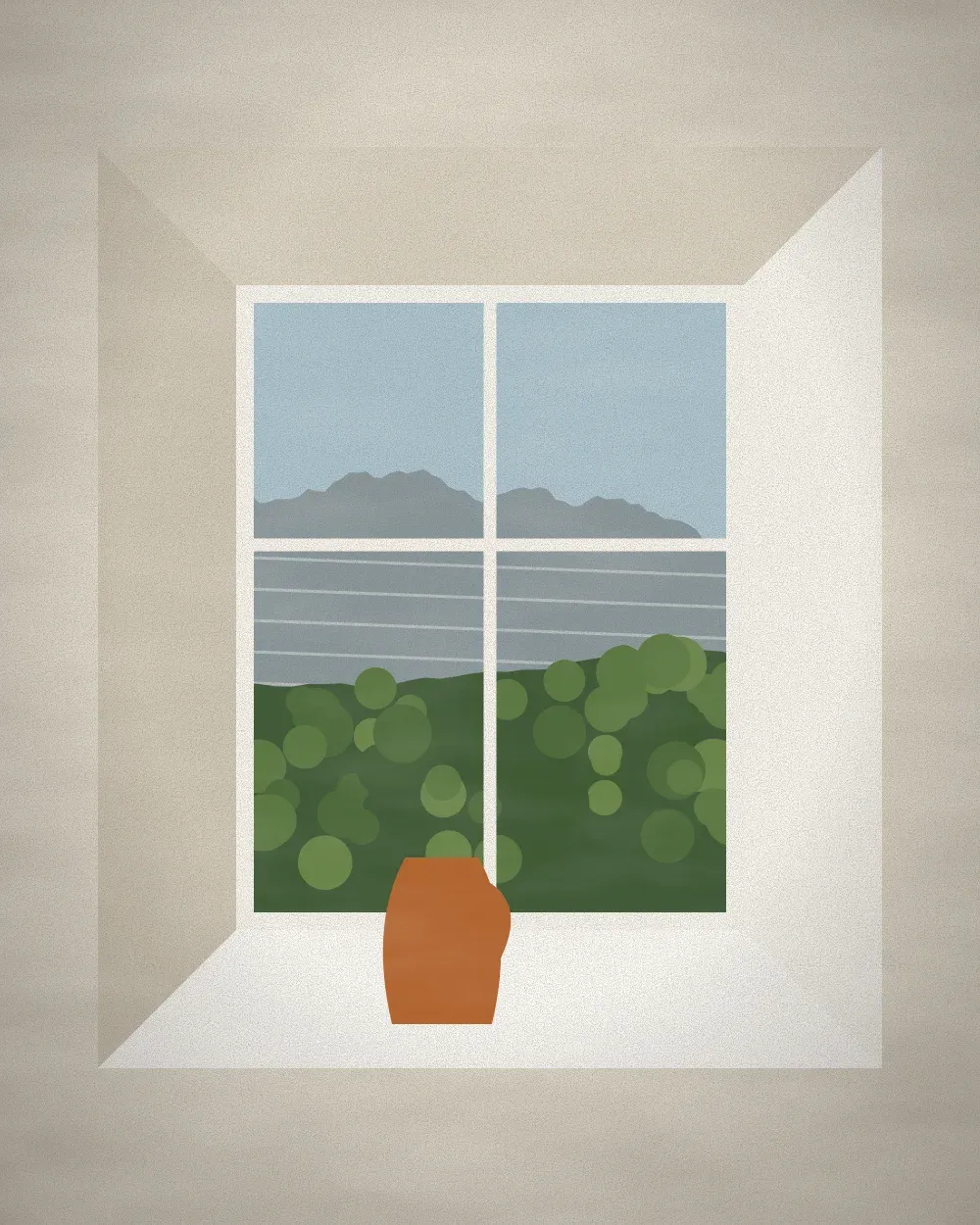 A deep window in a thick wall onto a summer valley, a copper jug on the sill