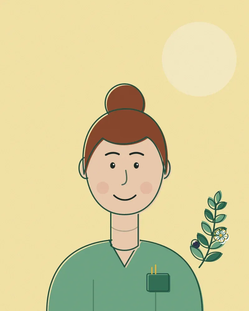 Drawn portrait of Katerina Ioannidou, red hair in a bun, green scrubs