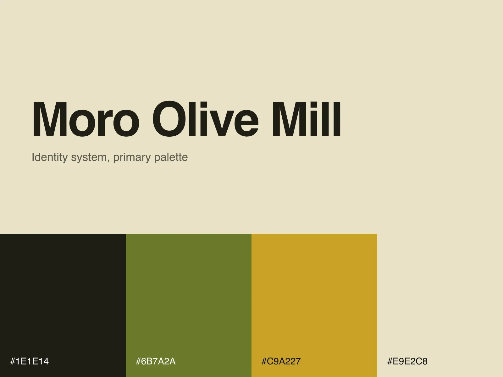 Moro Olive Mill brand sheet: wordmark and primary palette