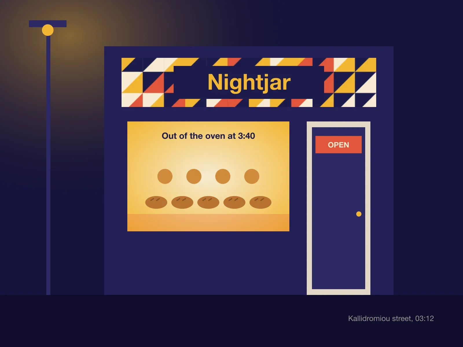 The Nightjar Bakery shopfront at night, its lit sign and window the only light on the street